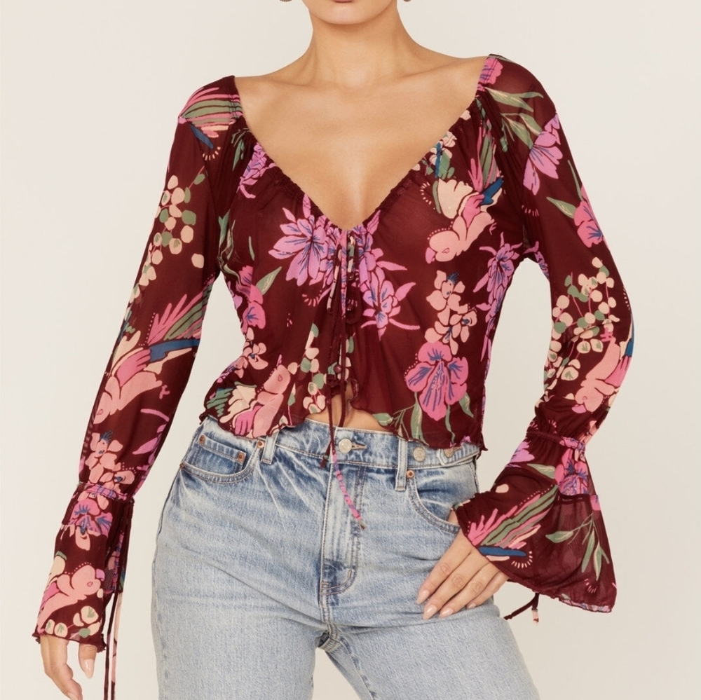 Free People Paradise Floral Sheer Womens Long Sleeves Scoop Neck Blouse SMALL